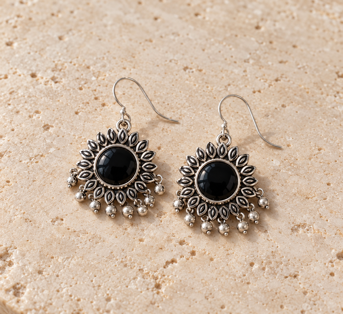 Black Stone Floral Oxidised Earrings